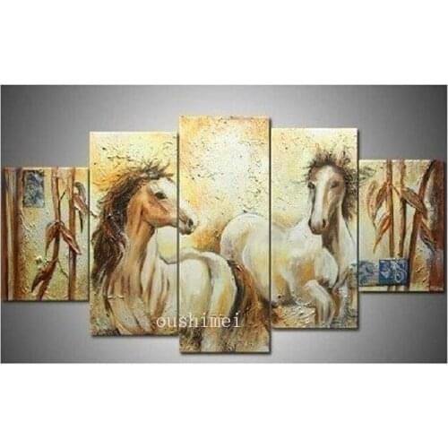 Hand Painted 5pcs/set Pictures Yellow The Running Horse Landscape Oil Paintings On Canvas Wall Art Animal For Living Room