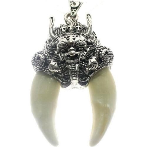 Tibetan Silver Wolf Tooth Necklace Antiques Man Dragon Head Pendant Statues Hip Hop Jewelry Vintage Bone Animal Necklaces