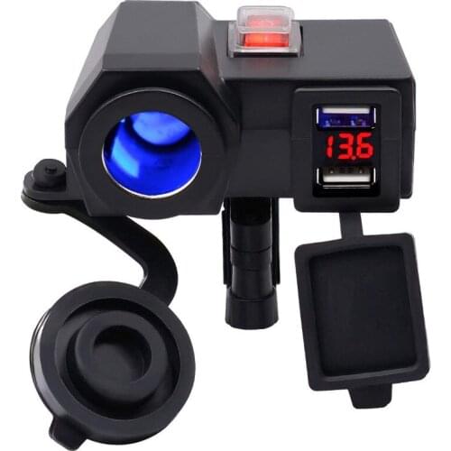 Waterproof 12V 2.1A Dual USB Charger Motorcycle Handle Bar Mounting Clamp with Cigarette Lighter Socket and Voltmeter for Phones