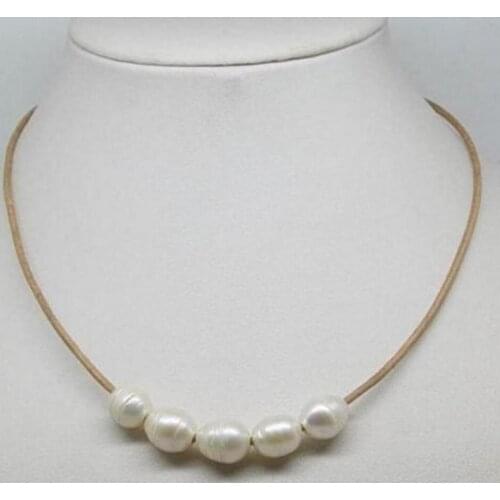 Jewelry Free Shipping Natural 10-11mm Big White Cultural Pearl Necklace Leather Chain Growing String