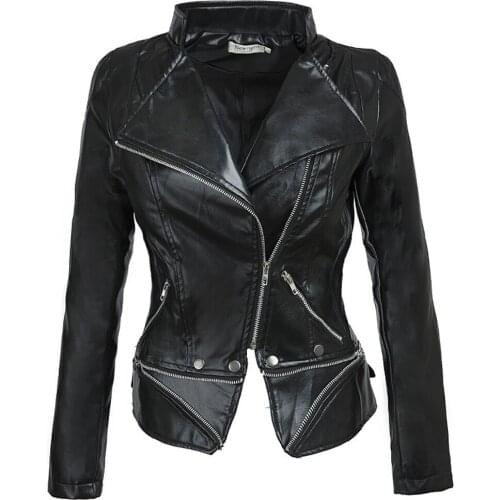 2019 new European and American fashion fit PU leather coat zipper rivet splicing black leather jacket