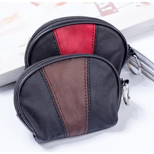 Ladies and mens leather coin purse, short sheepskin key case, zipper coin bag and leather soft case, mini card case, coin purse