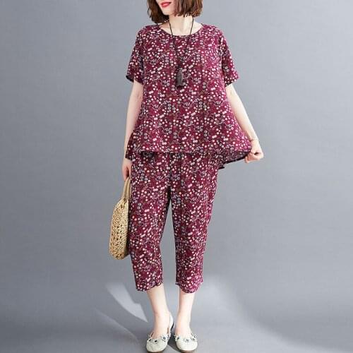 Floral Cotton And Linen Two Piece Set Womens Summer 2021 New Korean Fashion Loose Short Sleeve T-shirts + Wide-leg Pants aq622