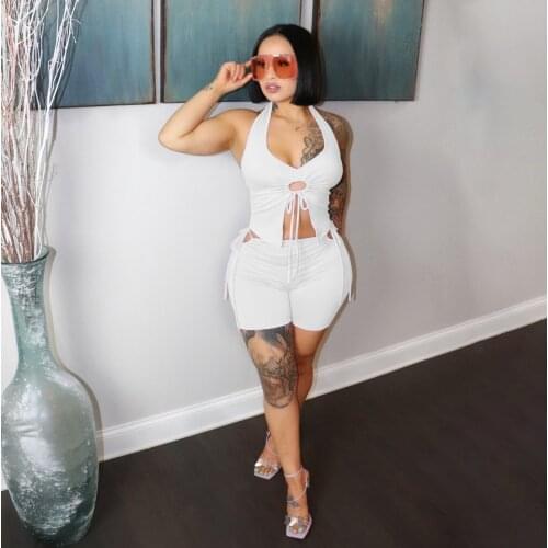 2021 Women Set Solid Bandage V-neck Backless Short Tight Tops Shorts Summer Bandage Solid Color Sexy Casual Outfits