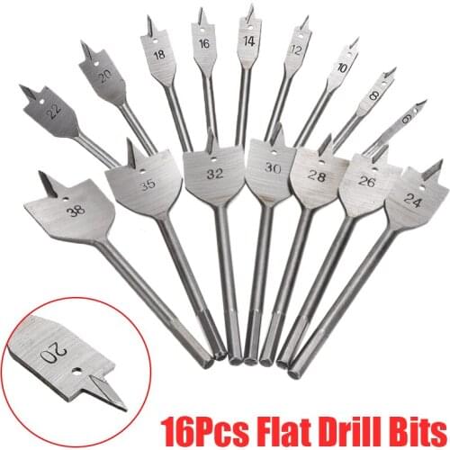 16Pcs Woodworking Flat Drill Bits Set 6-38mm Carbon Steel Router Paddle Flat Drill Spade Bit Hex Shank For Wood Work