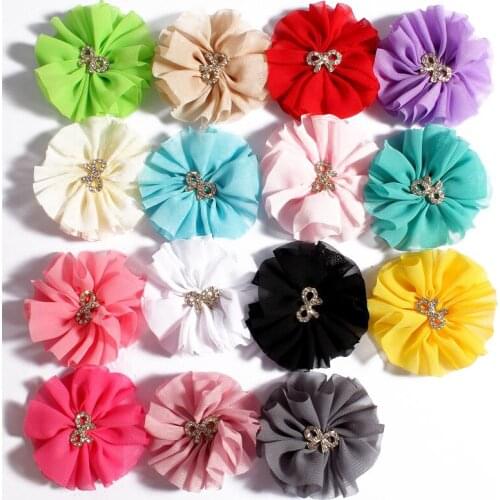 200pcs/lot 6.5CM 15Colors Chiffon Flower With Metal Bow Shaped Button For Kid Accessories Artificial Fabric Flower For Headbands