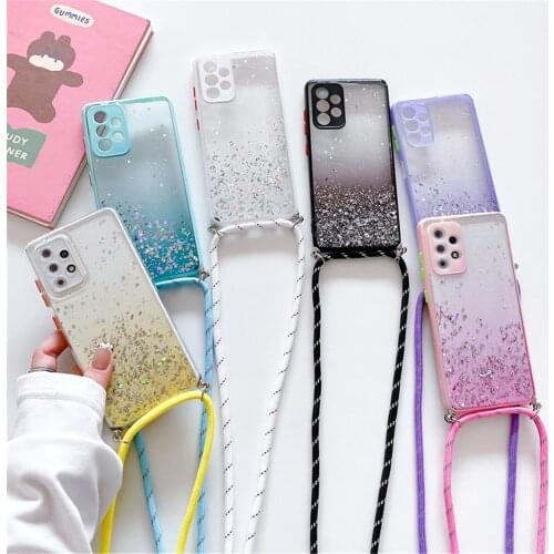 Strap Cord Chain Phone Case For Samsung A52 A72 A32 A51 A71 A31 S21 Plus S20FE Note 20 Soft Clear Necklace Lanyard Glitter Cover