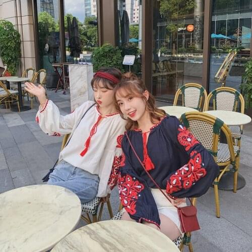 Womens Retro Blouse National Style Embroidered Lace-Up Tassel V-Neck Lantern Sleeve Tops Loose All-Match Female Blusa