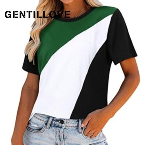 Gentillove Leopard Round Neck Short Sleeve T-Shirt Patchwork Printing Women Match Basic Summer Casual Female Simple Tops