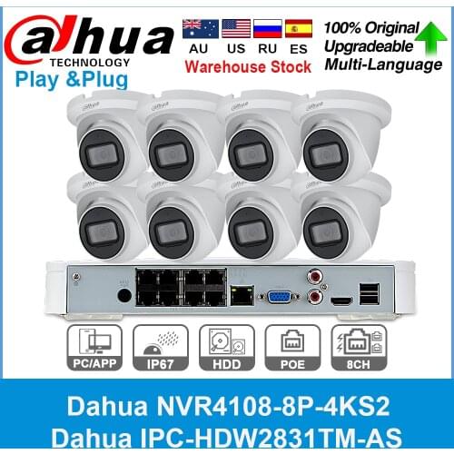 Dahua 4K 8MP Security IP Camera System Kit IPC-HDW2831TM-AS NVR 4108-8P-4KS2 8CH MIC POE CCTV Video Recorder Surveillance