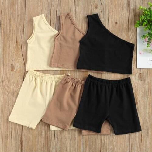 Kids Baby Girls Fashion 2-piece Outfit Set One Shoulder Solid Color Tops+Shorts Set Daily Wear Summer 2021