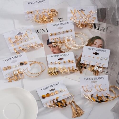 Vintage Metal Big Circle Pearl Hoop Drop Earrings Sets For Women Fashion Geometric Acrylic Round Earrings 2021 Trend Jewelry Set