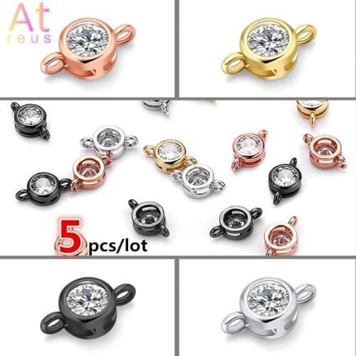 5pcs Shiny Round Zircon Crystal Brass Loose Beads Double Hole Pendant Connector for Necklace Earring Bracelet DIY Jewelry Making