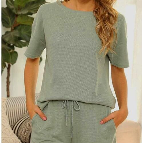 Summer Pajamas Women Loose Casual Home Wear Clothes Set 2 Piece Outfits Fashion Solid Tops T Shirt + Shorts Suit 2021 Sleepwear