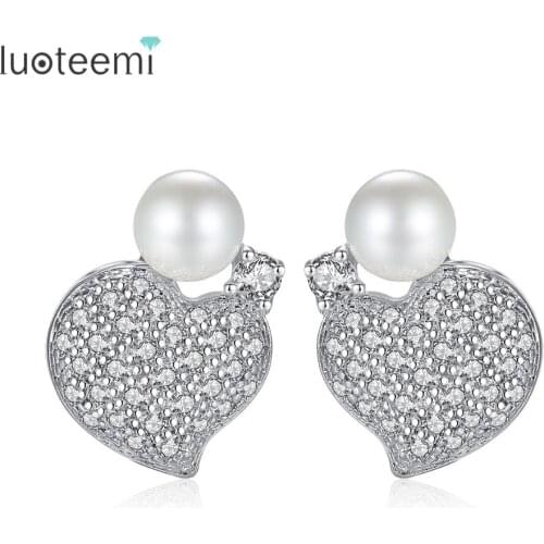 LUOTEEMI The Latest Exquisite Imitation Pearl with CZ Stud Earrings White Gold Color Love Heart Cute Wind Girls Party Jewelry