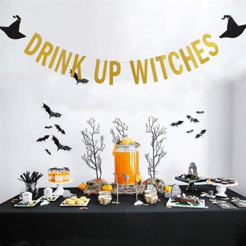 Drink Up Witches Banner Glitter Witch Hat Banner Halloween Party Banner Ceiling Hanging Decorations Festive Decor