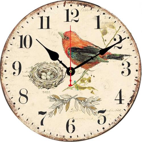 Vintage Rustic Wooden Wall Clock Horloge Spring Bird Nest Arabic Numeral Wall Clock French Country Tuscan Home Garden Decor