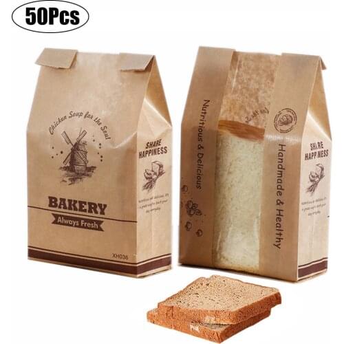 50pcs Kraft Paper Bag With Window Baking Packaging Donut Leisure Food Bread Bags Toast Bag Printed Package For Bakery