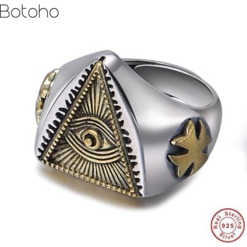 Genuine S925 Silver colour Wisdom Eye Ring Sterling Silver colour Cross Cocktail Thai Silver colour Ring Man Ring Resizable