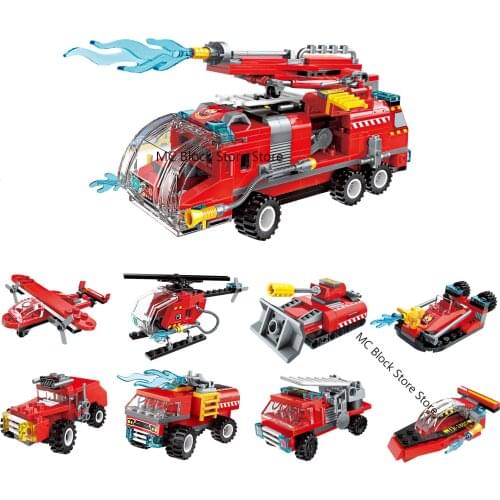 Qman 311PCS 8 In 1 City MINI Fire Engine Truck Vehicle Bricks Rescue Car Helicopter Firefighter Building Block Kids Toys Gifts
