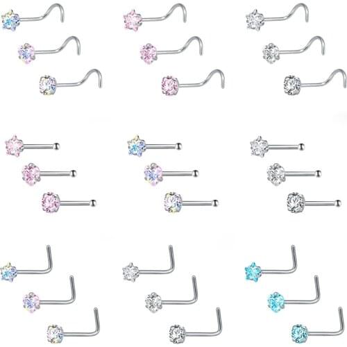 Crystal Nose Rings Studs Sets 3PCS Stainless Steel Nose Piercing Screws Jewelry