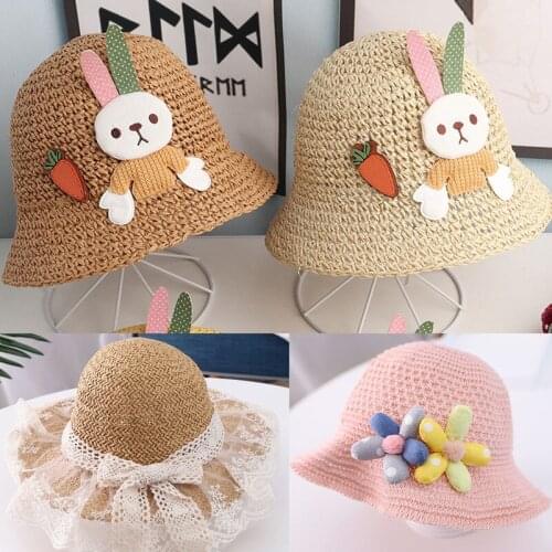 Summer Baby Straw Hat Girls Rabbit Sun Hat Children Kids Lace Summer Hat Beach Bucket Cap Toddler Girls Hat Casquette 2-5Years