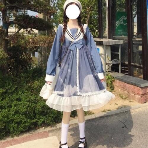 MAGOGO Navy Collar Bow Dress Long Niche Lolita Dress