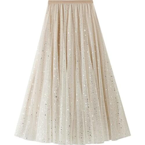 Women Tutu Tulle Skirt Elastic High Waist Sequined Stars Print Layered Skirt Mesh A-Line Midi Skirt