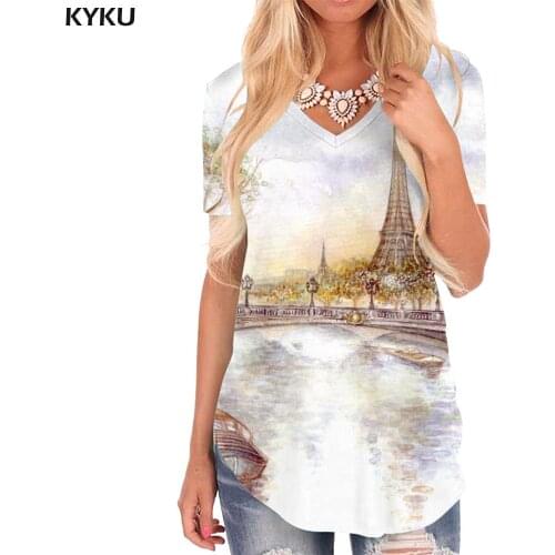 KYKU Tower Of Paris T-shirt women Tree V-neck Tshirt Sail Funny T shirts Painting Shirt Print Womens Clothing Fashion Loose New