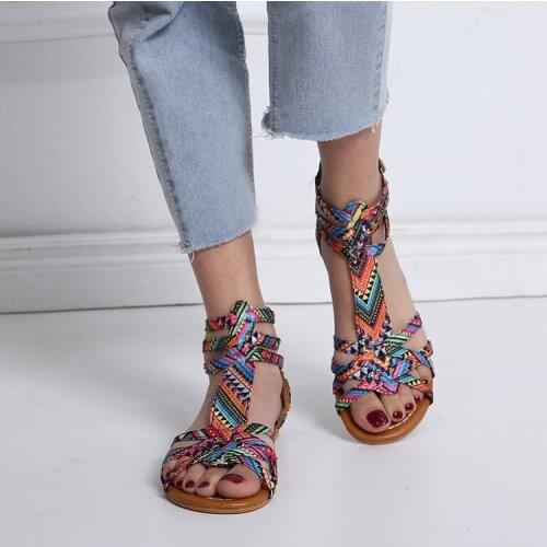 2021 new Zipper up Leopord Shoes Ankle Strap Sandals Women Cross-tied Flats Open Toe Flocking Shoes Summer