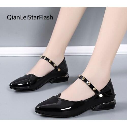 2021 Autumn New Women Patent Leather Dress Shoes Rivet Mary Jane Pointed Toe Boat Shoes Low Heels Office Lady Shoes Yellow