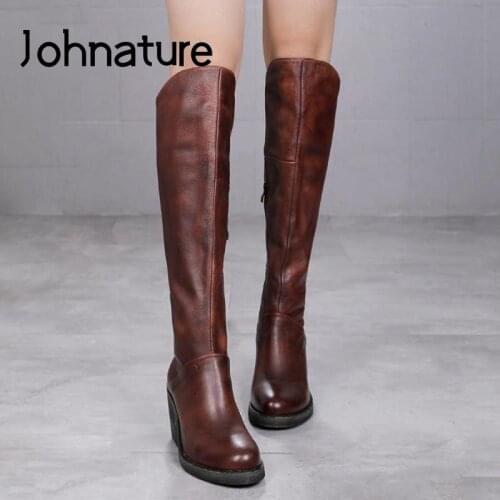 Johnature Knee-high Women Boots Genuine Leather 2021 New Women Shoes Winter Zip Sewing Round Toe Handmade Concise Platform Boots