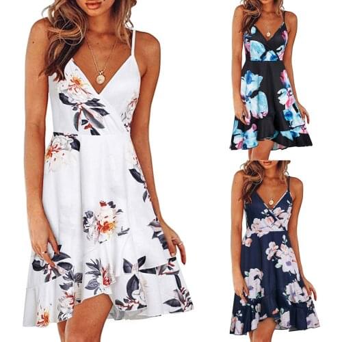 Summer Floral Print Sexy V-neck Strap Womens Mini Dress Casual Loose Fashion Beach Style Sleeveless Short Skirt -40