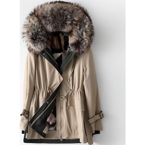 Womens Fur Hooded Coat Mid-Length Mink Lining Raccoon Collar 100% Cotton Thermal Insulation Ladies Jacket Fashion Casual Style