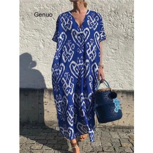Printed Loose Summer Dress Boho V Neck Women Elegant Long Dress Short Sleeve Empire Comfortable Oversized Vestidos 2020