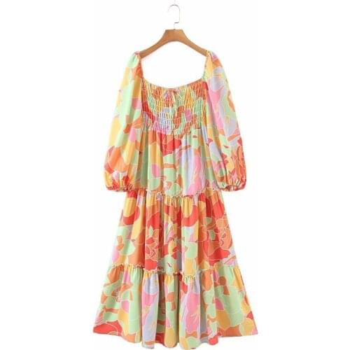 Elegant Square Collar Pleated Vintage Dress Women French Retro Ruffle Floral Print Dress Runway 2021 Long Casual Dress for Women