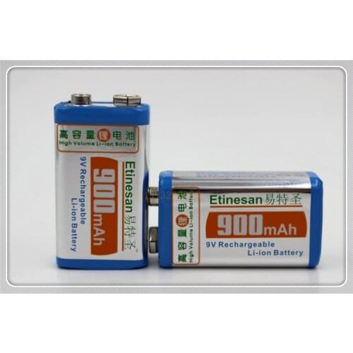 2 PCS/lot ETINESAN 9v SUPER BIG 900mAh li-ion lithium Rechargeable 9Volt Battery Manufacturers warranty