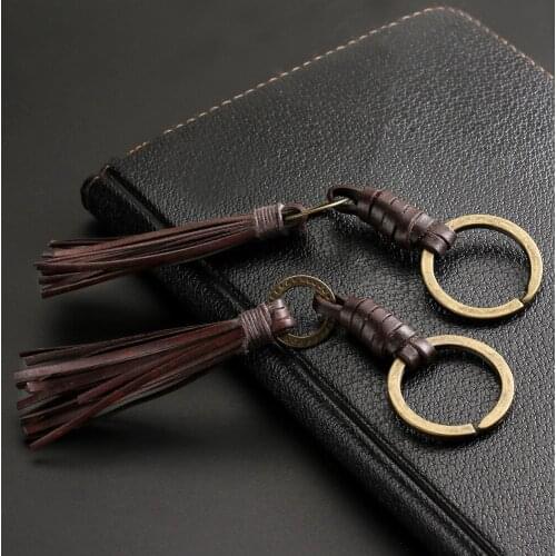 2021 Fashion Jewelry Vintage Handwork Weave Tassel Leather Keychain Charm Jewelry Brown Key Chain Men Accessories Jewelry