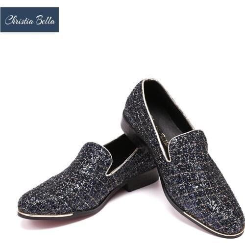 Christia Bella Men Dress Shoes Luxury Party Wedding Handmade Loafers Bling Bling Sequined Slip on Smoking Slippers Men Flats