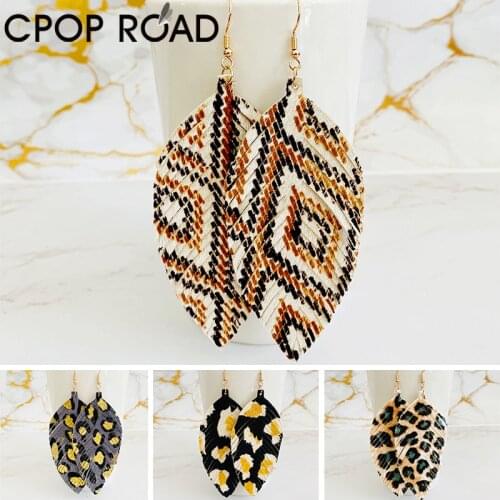 Cpop Genuine Leather Earrings Animal Pattern Bohemia Dangle Earrings Feather Shaped Snakeskin Leopard Multicolor Christmas Gift