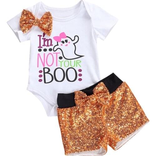 FOCUSNORM Halloween Baby Girls Clothes Sets Cartoon Print Short Sleeve Romper Sequined Shorts Headband