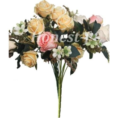 Artificial Multi-Coloured Rose Silk Flowers Bounquet Mixed Arrangement, Home Hotel Room Wedding Decoration(Yellow,White,Pink)
