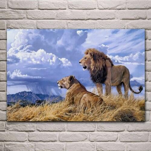 Artistic lions lioness animal king artwork predator living room home wall modern art decor wood frame fabric posters KA015