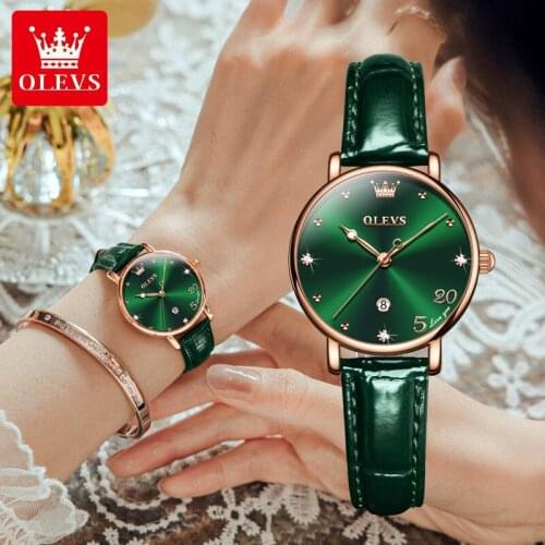 Olevs leather womens watch bracelet set for women 18 kt gold waterproof fashion simple elegant quartz watch women luxury gift