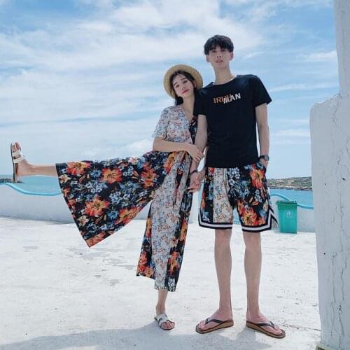 Summer Couples Beach Wear Holiday Style Contrast Stitching Lover Set Womens Chiffon Dress Mens Short Sleeve T-Shirt Shorts