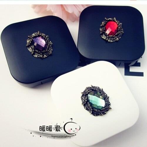 LIUSVENTINA Handmade DIY Alloy Cute Olive Leaf Gemstone Contact Lens Case with Mirror Container for Color Lenses Gift for Girls
