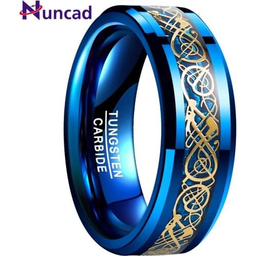 NUNCAD 8mm Mens Ring Celtic Dragon Tungsten Carbide Ring Wedding Band Blue Black Carbon Fiber Engagement Ring Size 5-14