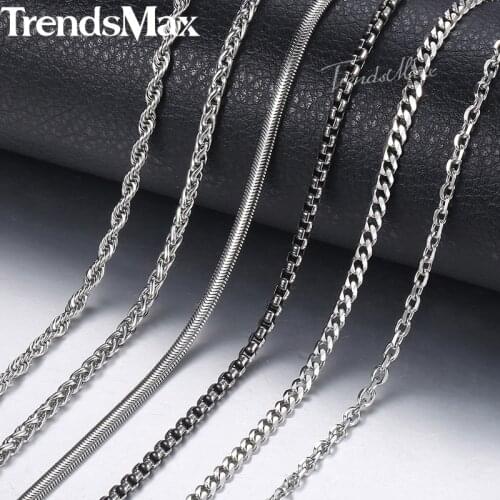 Mens Necklace Stainless Steel Cuban Rope Box Snake Link Chains Necklace Silver Color Male Jewelry Wholesale 24" 60cm 3mm KNN1