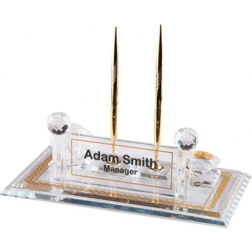 Crystal Glass Desk Name Plate and Pen Desk Stand Set - Personalized Name Plate, Crystal Clock, Custom Engraved Awards, Teachers