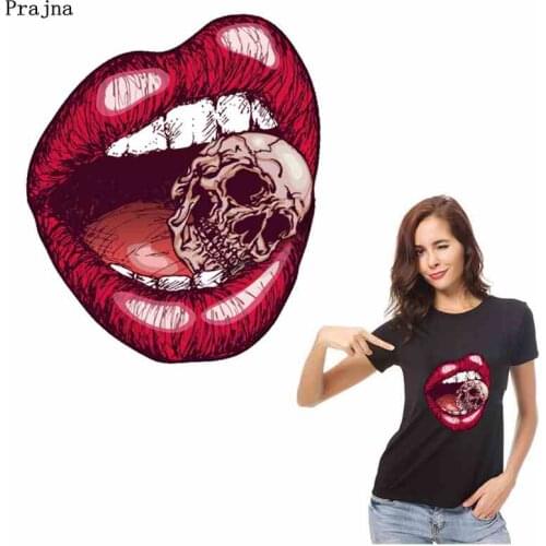Prajna Red Mouth With Skull Iron On Heat Transfers Hot Vinyl Thermal Ironing Stickers Punk Patches For Clothing DIY T-shirt Iron